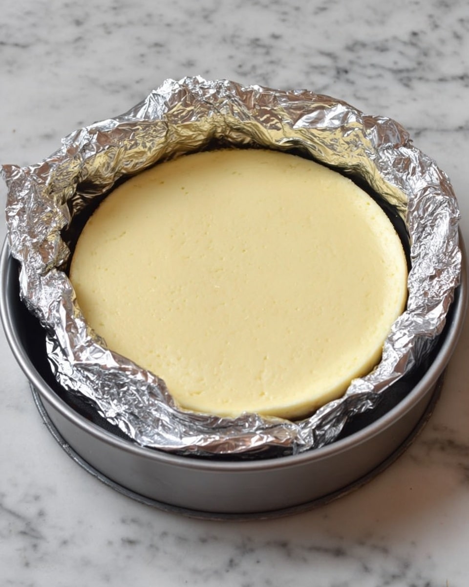 The image shows a round cheesecake with a smooth pale yellow top, sitting inside a ring of crumpled silver aluminum foil. The cheesecake is placed in a silver roasting pan filled with some water, positioned on a white marbled surface. The cheesecake layer is thick and even, with no visible cracks, and the foil around it is wrinkled and shiny, slightly enclosing the cheesecake sides. Photo taken with an iphone --ar 4:5 --v 7