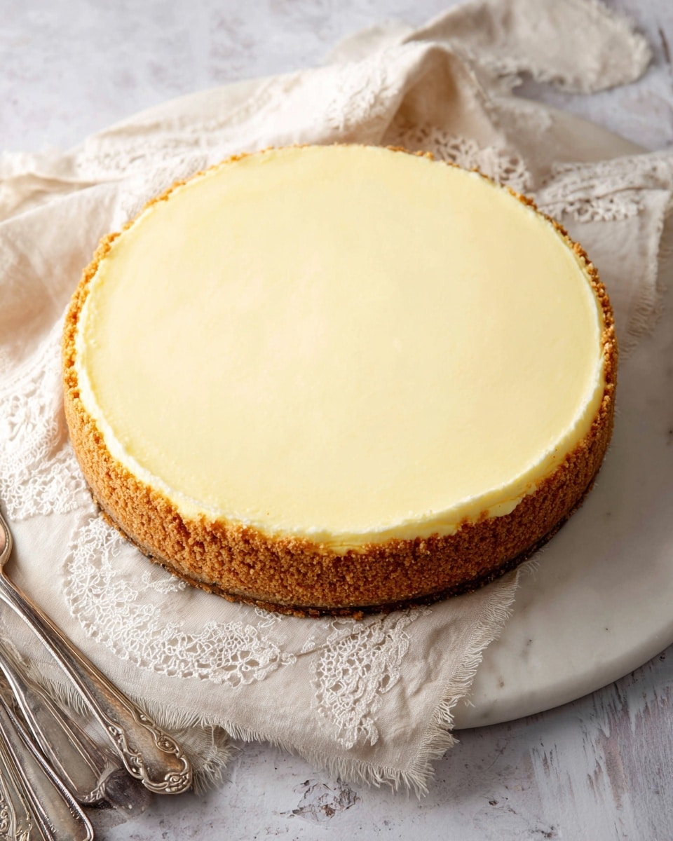 This image shows a round dessert with two visible layers placed on a white marbled surface. The bottom layer is a thick, rough-textured crust with a golden-brown color, forming the edges and base. Above this is a smooth, creamy layer in a pale yellow shade that fills the crust completely, with a silky texture and an even, flat top. The dessert sits on a light beige cloth with lace edges, and some silver forks and spoons are visible near its bottom left corner. Photo taken with an iphone --ar 4:5 --v 7