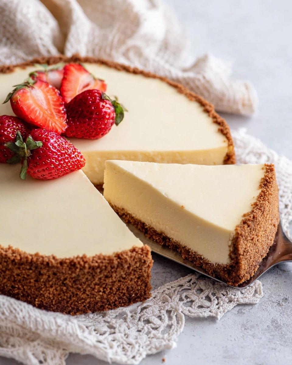 This image shows a cheesecake with two main layers on a white marbled surface. The bottom layer is a brown crumb crust, thick and rough in texture, forming a solid base and edge around the cheesecake. The top layer is creamy and pale yellow, smooth and even, covering the entire surface above the crust. There is a slice being lifted from the cheesecake with a metal spatula, showing the clean separation of layers. On the top of the cheesecake near the back, there are five strawberries, some whole with green leafy tops and some sliced to show their red interiors. The cheesecake sits on a white lace and beige cloth. Photo taken with an iphone --ar 4:5 --v 7