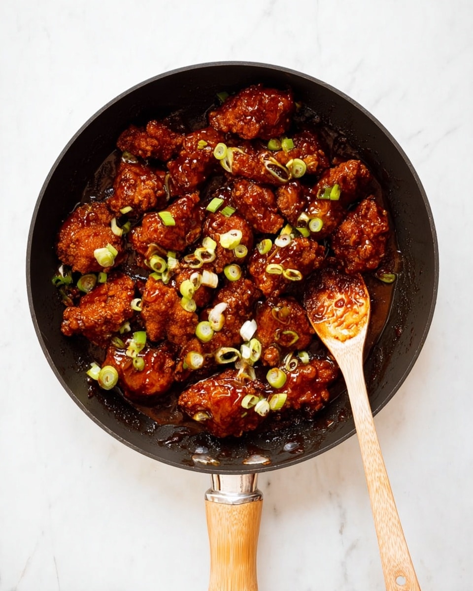In a black frying pan with a light wood handle, there are many pieces of dark brown fried chicken covered in a shiny, thick sauce. The chicken pieces are arranged close together and sprinkled evenly with small round slices of light green onions. A light wood spoon with some sauce on it rests on the right side of the pan. The frying pan sits on a white marbled surface. photo taken with an iphone --ar 4:5 --v 7