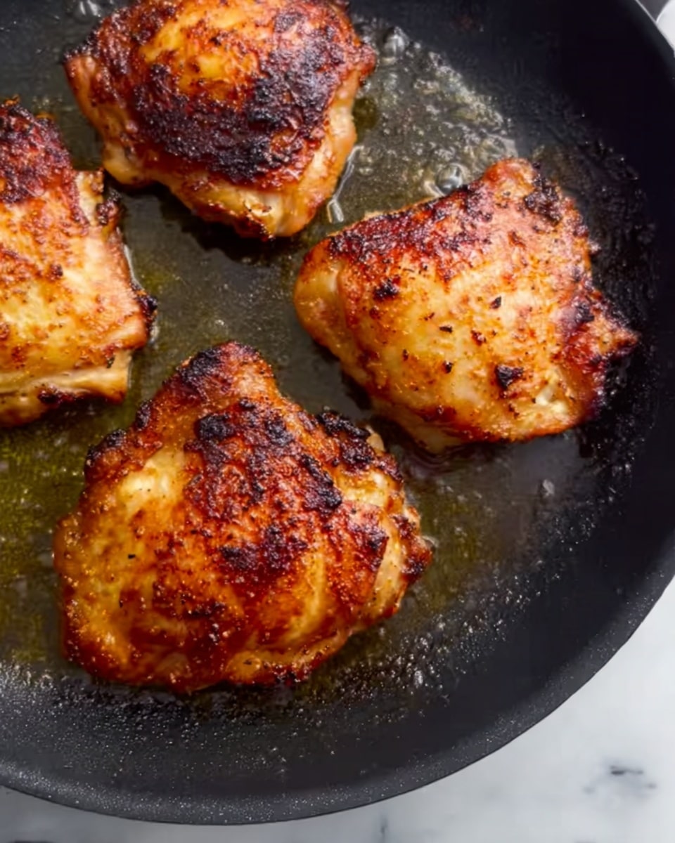 The image shows three pieces of cooked chicken thighs in a black pan. Each piece has a golden-brown, crispy skin with some darker, slightly charred spots. The chicken thighs are juicy with visible texture on the skin from cooking. The pan surface looks well-used with a little oil and slight browning around the chicken. The background is a white marbled texture. Photo taken with an iphone --ar 4:5 --v 7