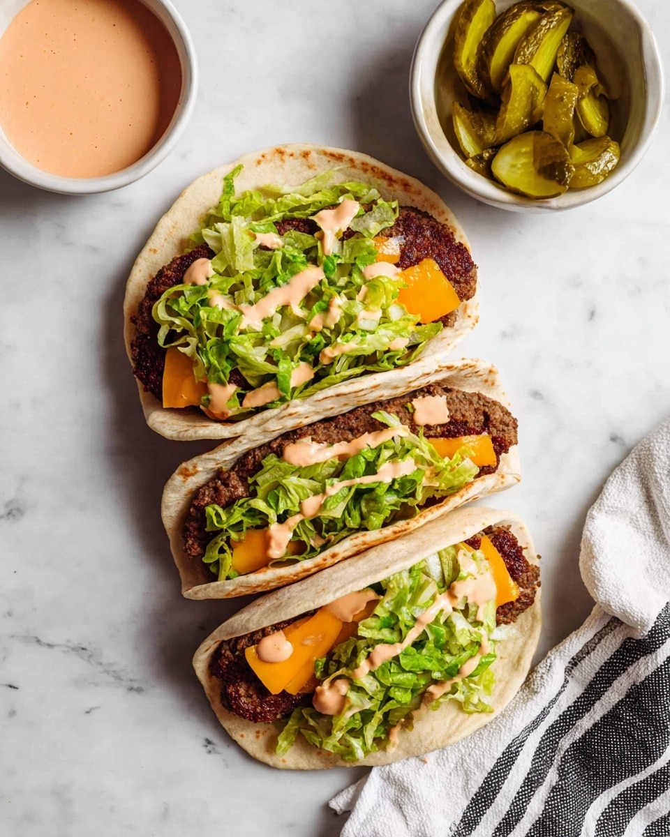 Three small folded white flatbreads are arranged side by side on a white marbled surface. Each flatbread contains a dark brown cooked patty as the bottom layer, topped by a bright orange melted cheese slice. Above the cheese is a layer of shredded bright green lettuce, scattered evenly. Small pieces of diced green pickles are visible mixed into the lettuce. A light pink creamy sauce is drizzled on top of the lettuce and pickles. To the left of the flatbreads, there is a small white bowl filled with the same light pink sauce. Above the food on the right, there is another small white bowl filled with diced pickles. A thin, white cloth with black stripes is placed at the bottom right corner. Photo taken with an iphone --ar 4:5 --v 7