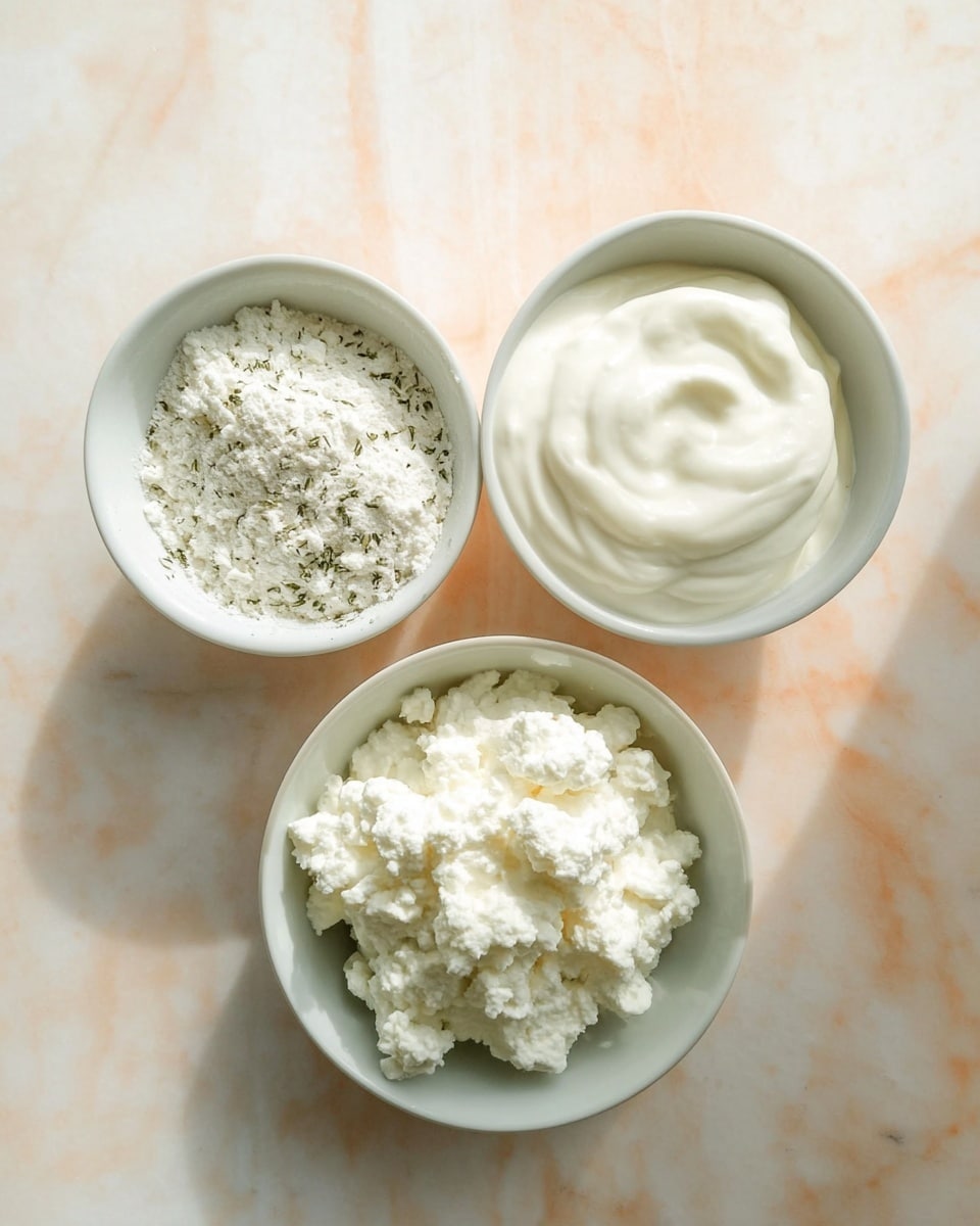 The image shows three small white bowls with different ingredients placed on a white marbled surface. The top right bowl contains smooth, thick, creamy white yogurt. The bottom bowl is filled with white, lumpy cottage cheese with a rich texture. The left bowl holds a fine white powder mixed with some very small green herb flecks or seasoning, giving it a slightly speckled look. The bowls are arranged in a triangular formation, with soft natural light highlighting their contents. Photo taken with an iphone --ar 4:5 --v 7