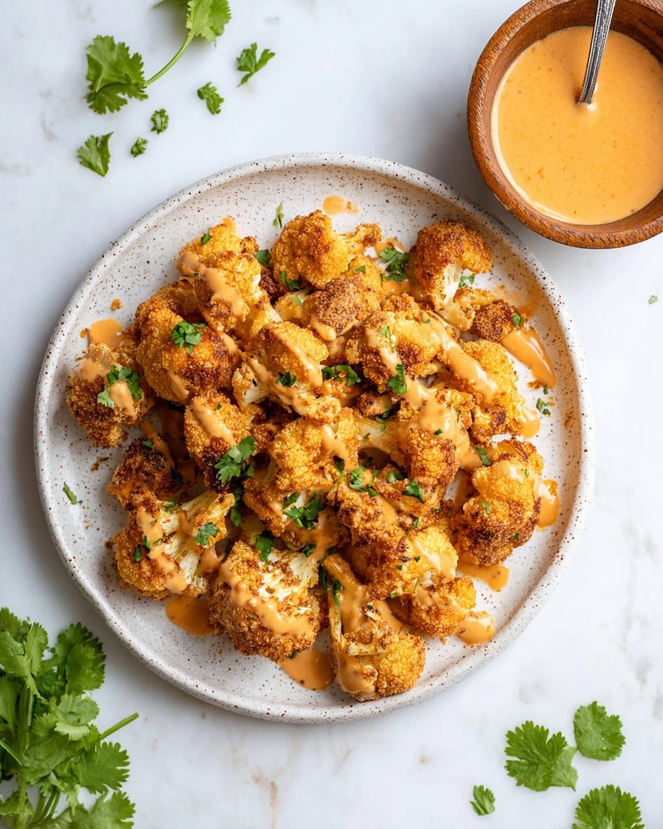 A white speckled plate holds a pile of golden-brown crispy cauliflower pieces, each coated with a crunchy texture. The cauliflower is drizzled with a light orange creamy sauce that adds a smooth contrast to the rough coating. Fresh green cilantro leaves are scattered both on the cauliflower and around the plate, giving a pop of color. To the top right of the plate, a small wooden bowl filled with the same orange sauce sits with a spoon inside, on a white marbled surface. A few loose cilantro leaves are also scattered around the plate. photo taken with an iphone --ar 4:5 --v 7