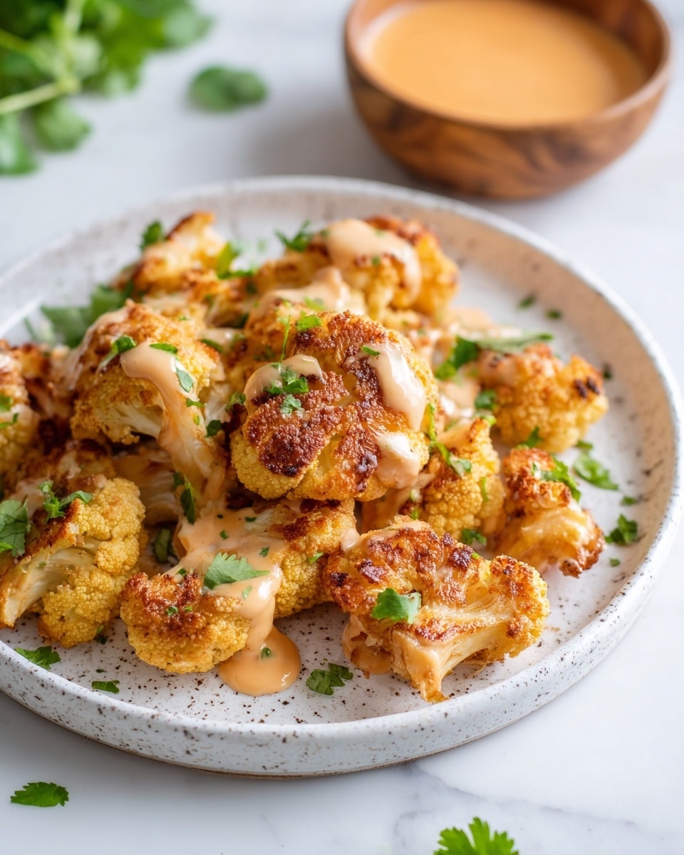 A white speckled plate filled with one layer of golden brown fried cauliflower pieces that have a crispy texture. The cauliflower is drizzled with light brown creamy sauce in soft dollops and sprinkled with small bright green cilantro leaves. In the background, there is a wooden bowl with a creamy orange sauce, all placed on a white marbled surface with a few scattered cilantro leaves around. Photo taken with an iphone --ar 4:5 --v 7
