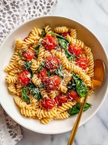 Boursin Garlic and Herb Pasta with Roasted Cherry Tomatoes and Spinach Recipe