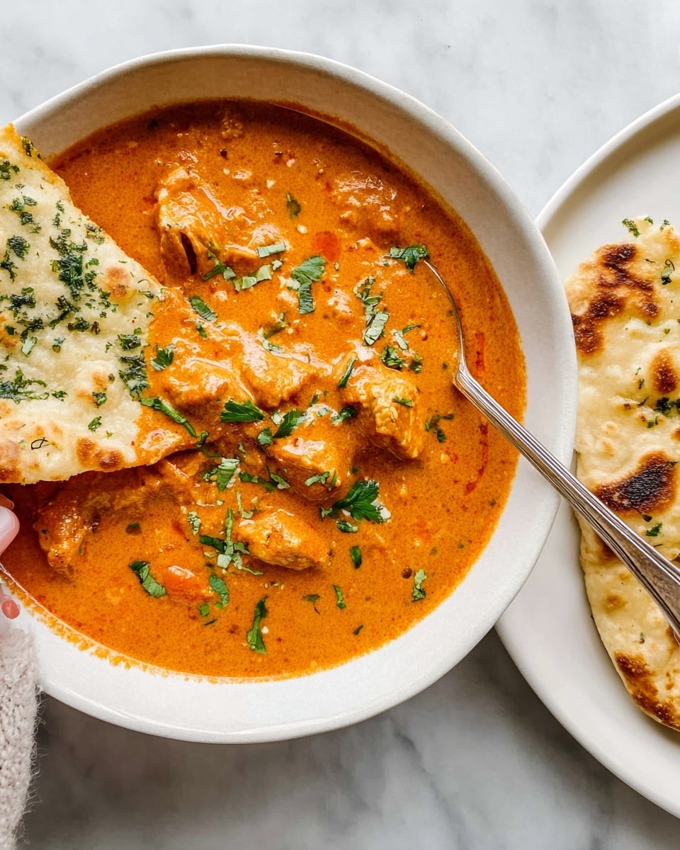 The image shows a white bowl filled with a thick, creamy orange curry containing small pieces of meat covered in the sauce, scattered with green cilantro leaves on top. A flatbread with green herbs is partially dipped into the curry from the left side, held by a woman's hand. The bowl sits on a white marbled surface, and to the right, a white plate holds more of the same herb-topped flatbread, slightly browned and textured. A metal spoon rests inside the bowl on the right edge of the curry. Photo taken with an iphone --ar 4:5 --v 7