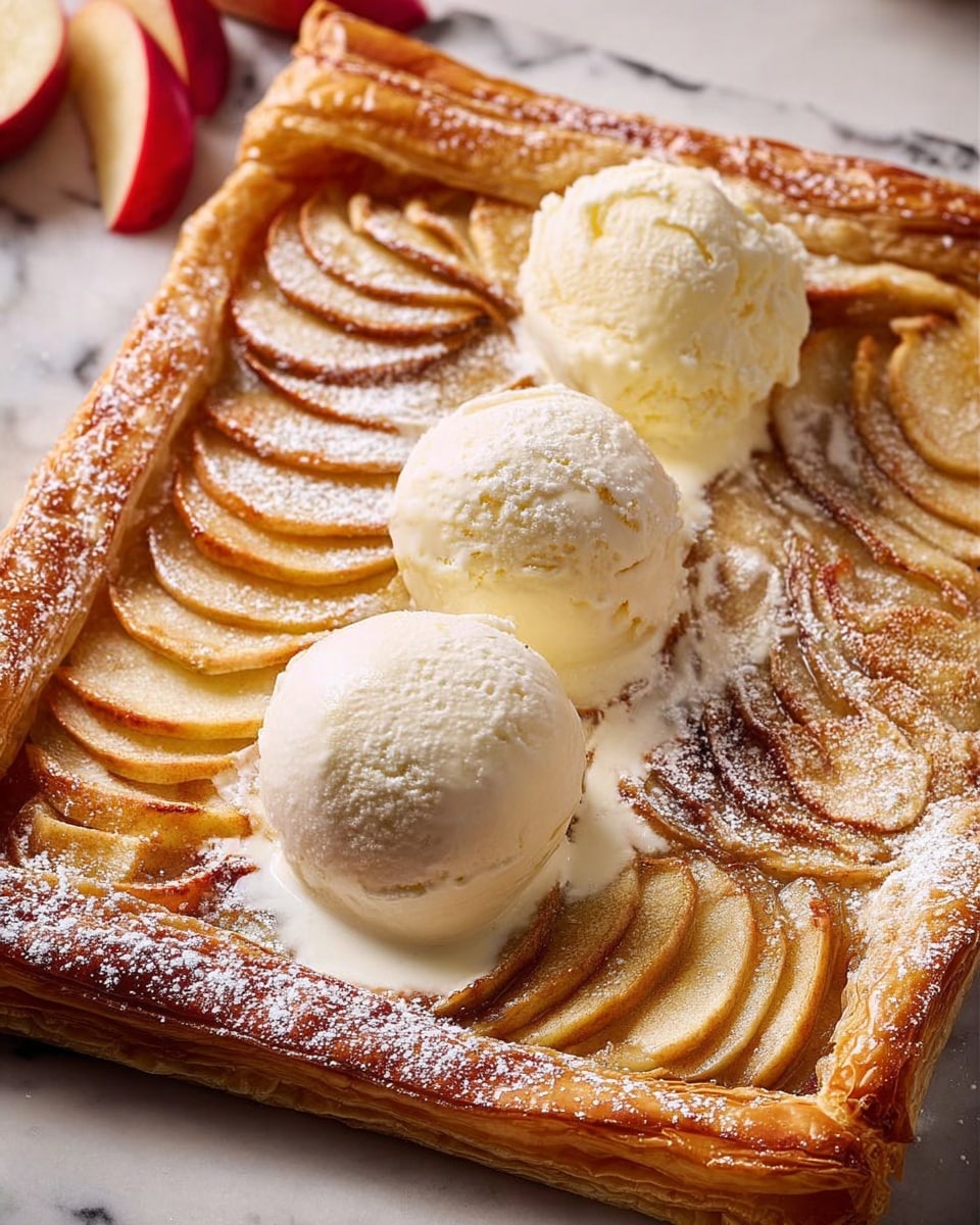 A rectangular tart on a white marbled surface with a golden brown crust that looks crispy and puffed around the edges. On top, there are three neat rows of thin, overlapping apple slices arranged horizontally, showing a light caramel color with some edges browned slightly. The apple slices lay over a smooth, shiny layer of what looks like a soft filling, slightly visible between the fruit rows. Around the tart, there are red apples, some whole and some cut in halves and quarters, placed under soft lighting. The image has a clean, fresh look with warm tones highlighting the tart’s texture and the apples’ freshness photo taken with an iphone --ar 4:5 --v 7