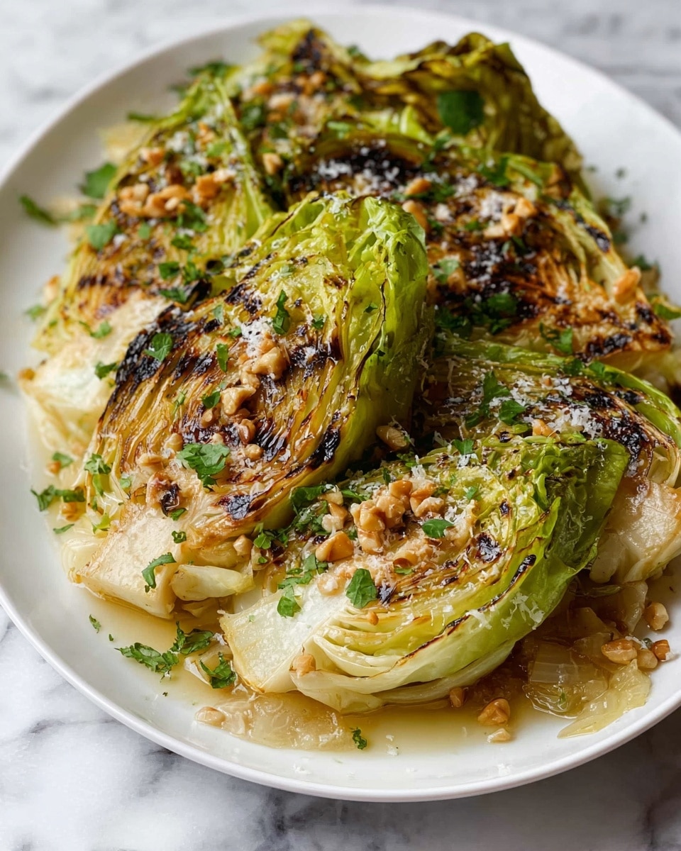 The image shows a white plate filled with several pieces of grilled cabbage quarters with charred marks and a mix of light and dark green layers on the outside and pale yellow on the inside. The cabbage sits on a layer of translucent cooked onions with a golden-brown texture, and it is topped with small chopped nuts and sprinkled finely with fresh green herbs. There is also a light dusting of grated cheese giving a slightly textured look on top, and a light sauce pools slightly around the cabbage. The plate is placed on a white marbled surface. photo taken with an iphone --ar 4:5 --v 7