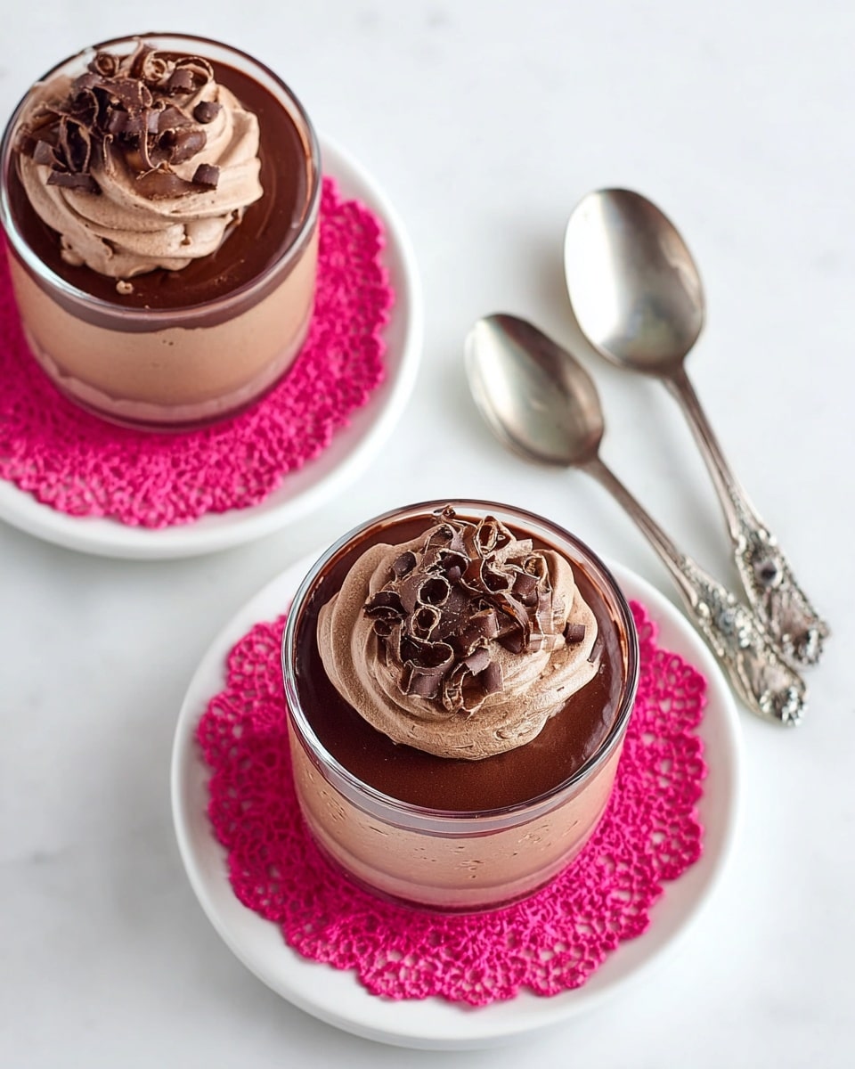 The image shows two glass cups of chocolate mousse placed on white plates each with a bright pink lace doily underneath. Each mousse has three visible layers: a smooth dark chocolate layer at the bottom, a thicker middle layer of light brown mousse, and a top layer of dark glossy chocolate. The mousse is topped with a swirl of light brown chocolate cream decorated with small curled chocolate shavings. Two vintage silver spoons lie to the right of the cups on a white marbled surface. Photo taken with an iphone --ar 4:5 --v 7