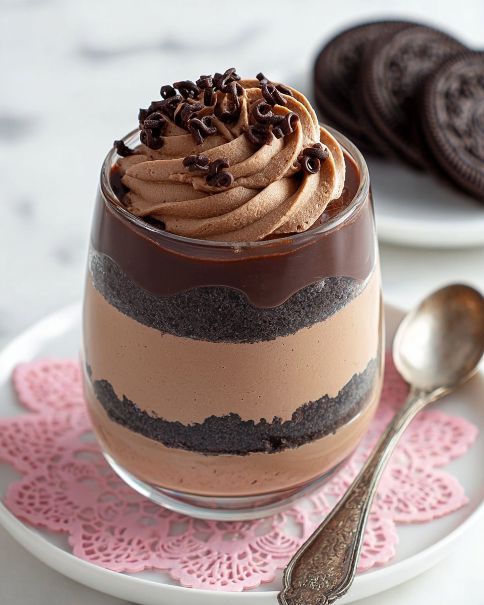 A close-up of a layered chocolate dessert in a clear glass shows four layers: starting from the bottom, a dark chocolate crumb layer, followed by a thick light brown creamy layer, then another dark crumb layer, and topped by a light brown creamy layer. On top, there is a dark chocolate glaze with piped light brown chocolate cream decorated with small chocolate curls. The glass sits on a white plate with a pink lace doily, and three dark chocolate sandwich cookies are placed in the background on a white marbled surface, along with an antique silver spoon. Photo taken with an iphone --ar 4:5 --v 7
