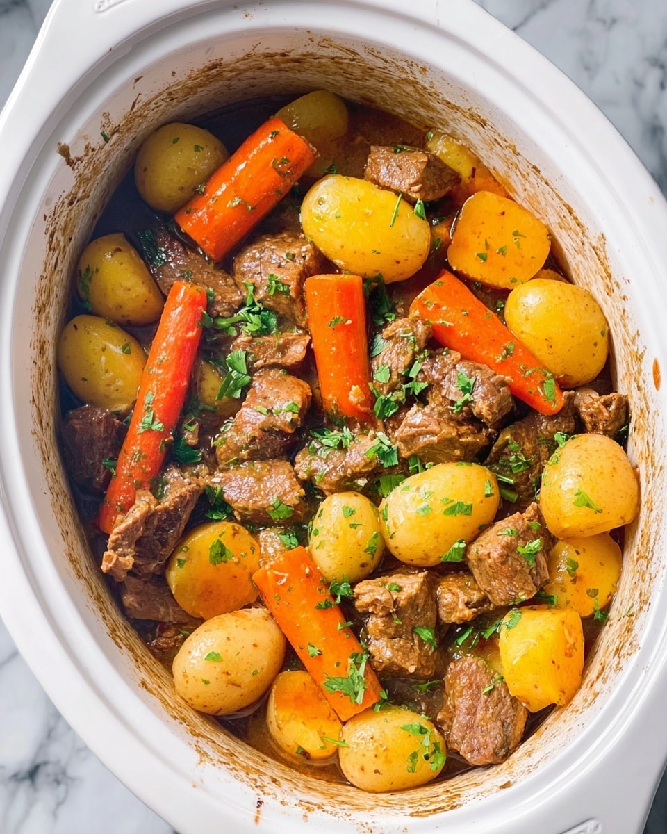 A close-up view of a white slow cooker filled with a layered stew. The first layer at the base shows a light brown sauce with a slightly glossy texture. On top of this are chunky pieces of medium brown cooked meat, interspersed with whole small yellow potatoes that have a soft, matte skin. Bright orange carrot sticks, cut into thick lengths, are spread evenly throughout the stew. The dish is sprinkled with small bits of fresh green herbs scattered on top, adding a fresh contrast. The inside edges of the slow cooker are marked with some cooked-on residue. The background is a white marbled surface. photo taken with an iphone --ar 4:5 --v 7