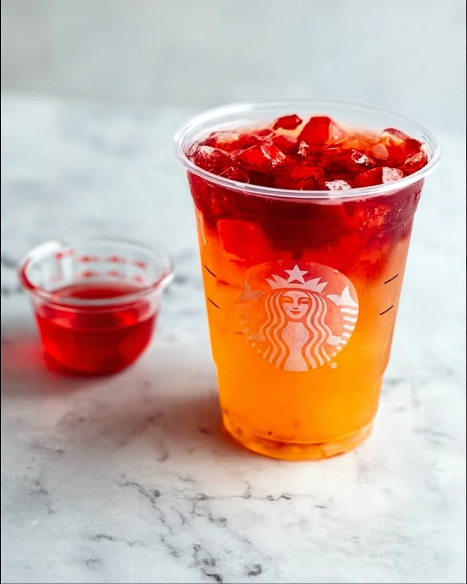 The image shows a clear plastic cup with the Starbucks logo filled with a two-layer drink on a white marbled surface. The bottom layer is a bright orange color, smooth in texture, while the top layer is a translucent red with chunks of red fruit floating inside. Behind the cup, there is a small clear measuring cup with some red liquid inside. The whole scene is clean and well-lit, highlighting the bright colors of the drink. photo taken with an iphone --ar 4:5 --v 7