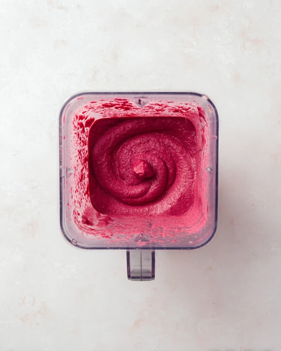 A top view of a blender with a clear container filled with a thick, deep pink mixture. The mixture looks smooth with some small texture, filling most of the container and swirling slightly in the middle. The blender sits on a white marbled surface, showing some splashes of the pink mixture on the inner sides of the container. The handle of the blender is visible on the right side. photo taken with an iphone --ar 4:5 --v 7