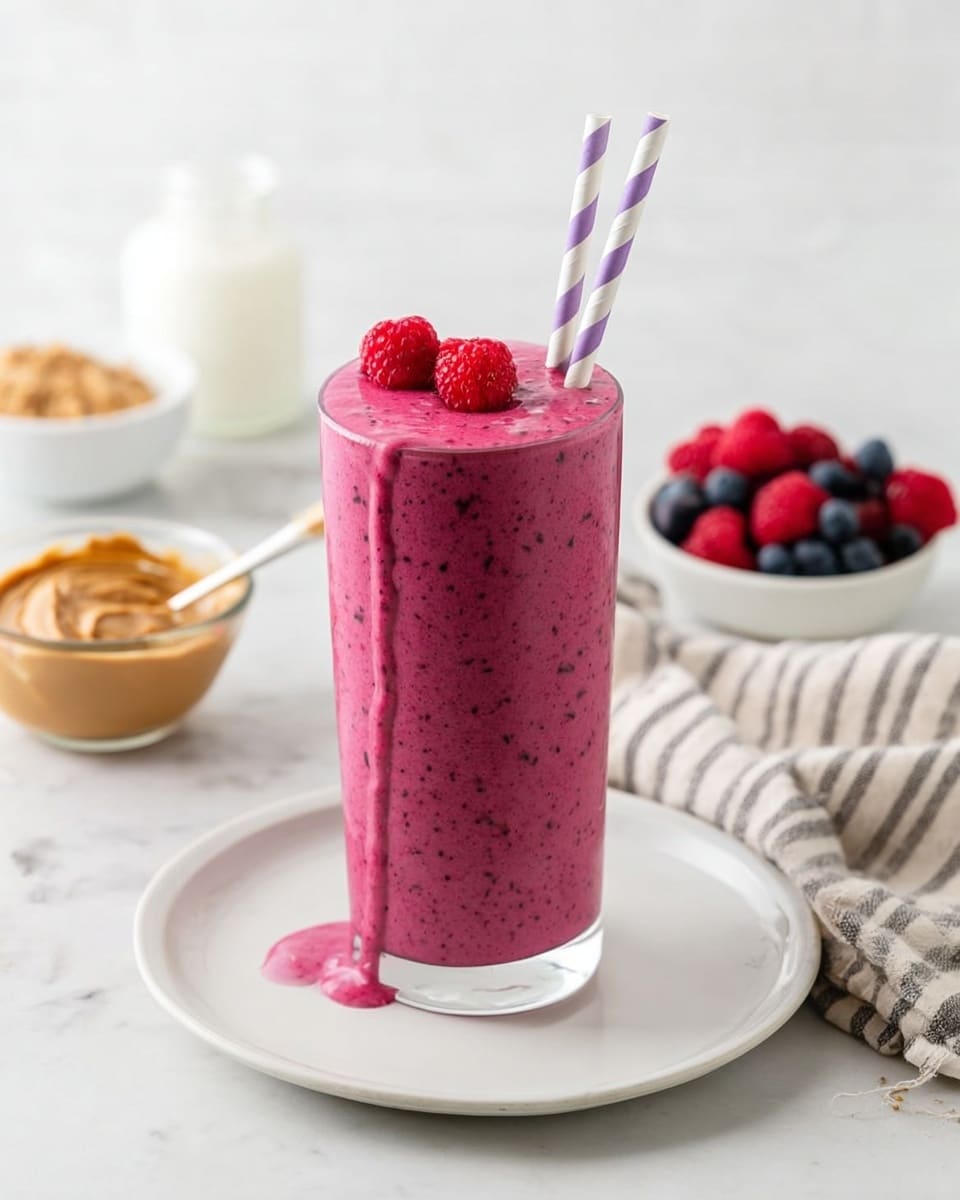 A tall clear glass filled with a thick, smooth, bright pink berry smoothie with small darker berry bits mixed in, topped with a single fresh raspberry on the surface; the glass sits on a white plate that holds two purple and white striped paper straws resting beside it; in the blurry background, there is a small glass bowl of mixed berries and a white container with a spoon inside, all placed on a white marbled surface. photo taken with an iphone --ar 4:5 --v 7