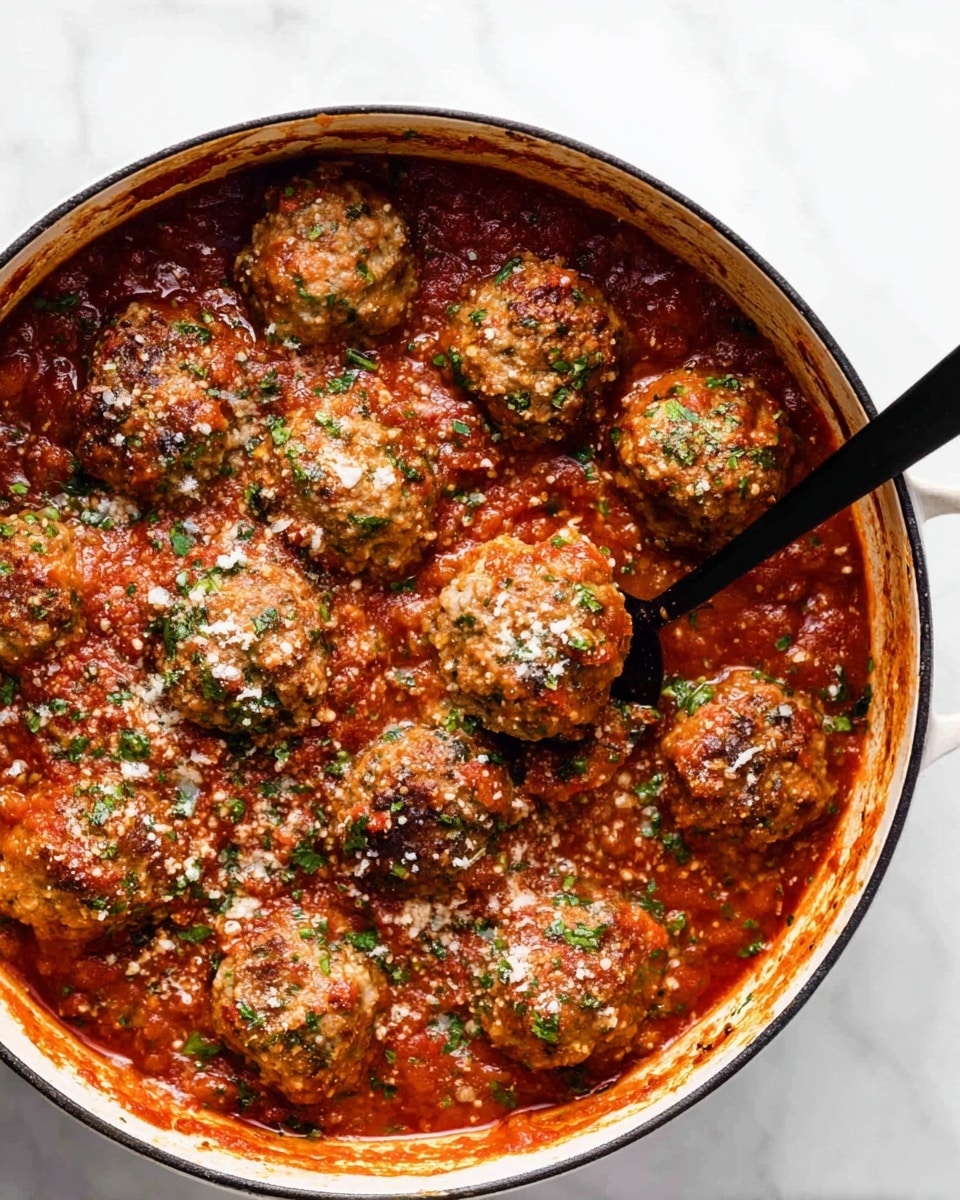 A round white pot filled with a rich red tomato sauce, showing about twelve large meatballs evenly spread inside. Each meatball has a lightly browned texture with bits of green herbs on top, sprinkled with a light dusting of grated white cheese. The sauce looks thick and chunky with small pieces of onion and herbs mixed throughout. A black spoon is scooping one meatball from the pot, and the pot rests on a white marbled surface. photo taken with an iphone --ar 4:5 --v 7