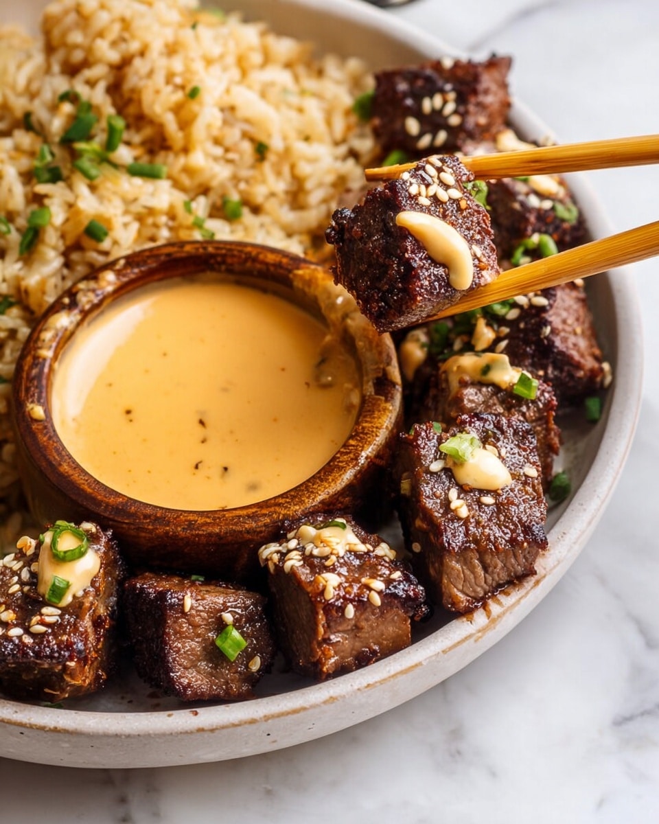A white bowl holds a serving of fried rice on the left side, light brown with green herb bits mixed in. On the right side of the bowl, there are many small dark brown grilled meat cubes with a slightly charred look, each topped with a light creamy sauce and sprinkled with sesame seeds and small green herb leaves. In the center of the bowl is a small wooden cup filled with smooth, light orange creamy sauce. A woman's hand with wooden chopsticks is dipping one dark brown meat cube into the sauce. The background is a white marbled surface photo taken with an iphone --ar 4:5 --v 7