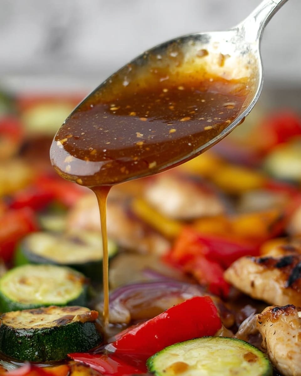 A close-up image shows a silver spoon holding thick, shiny brown sauce with specks and small bits inside, dripping down slowly. Below the spoon are grilled pieces of light brown chicken and colorful roasted vegetables including bright red bell peppers and green zucchini slices, all resting on a white marbled surface. The background is softly blurred, focusing attention on the sauce and food. Photo taken with an iphone --ar 4:5 --v 7