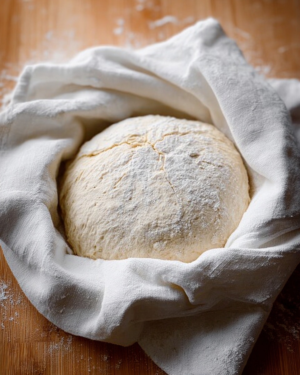A round dough ball resting in the middle of a white cloth with soft folds all around it, dusted lightly with flour giving it a slightly dusty off-white look, sitting on a wooden surface that adds a warm tone to the image; the texture of the dough is smooth with a few small cracks on top, showing it has risen and is ready for the next step photo taken with an iphone --ar 4:5 --v 7