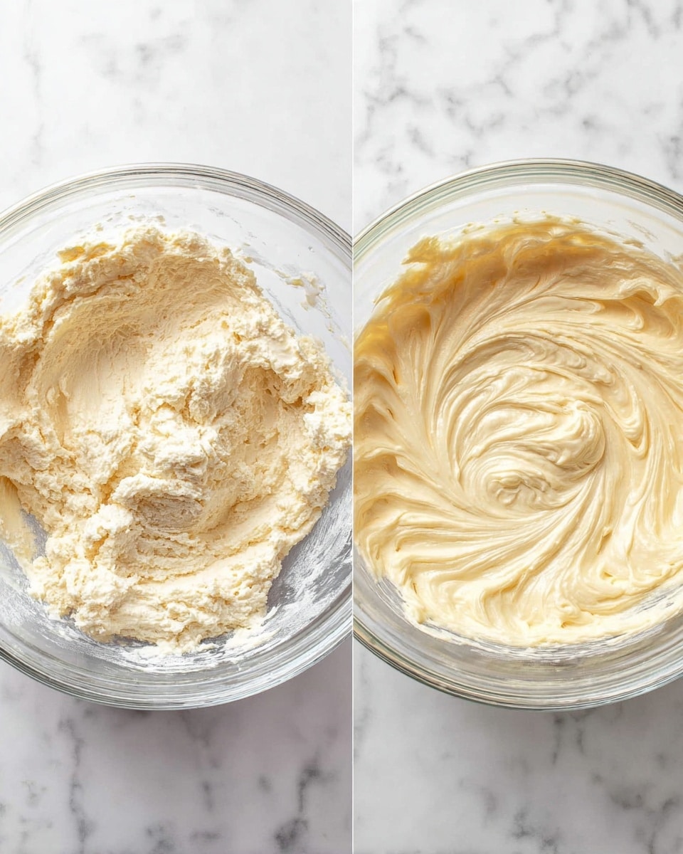 The image shows two clear glass bowls placed side by side on a white marbled surface. The bowl on the left holds a rough, thick layer of pale cream-colored mixture with a slightly grainy texture, unevenly spread with visible peaks and crevices. The bowl on the right contains a smoother, thicker layer of cream-colored batter with soft swirling patterns and a glossy, even texture covering the entire surface. Photo taken with an iphone --ar 4:5 --v 7