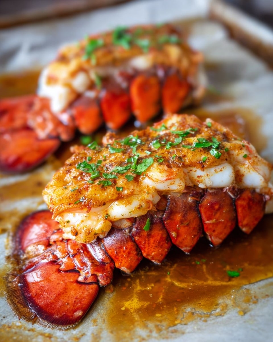 The image shows a cooked lobster tail with two main layers: the bottom layer is the bright red lobster shell, segmented and glossy, while the top layer is the white lobster meat covered in a golden brown seasoned sauce with a slightly crispy texture. Small green herb pieces are sprinkled on top, adding color contrast. The lobster is placed on a baking sheet with a white marbled texture underneath, stained with brown and orange buttery sauce around the lobster. The close-up view reveals texture details of the meat and sauce. Photo taken with an iphone --ar 4:5 --v 7