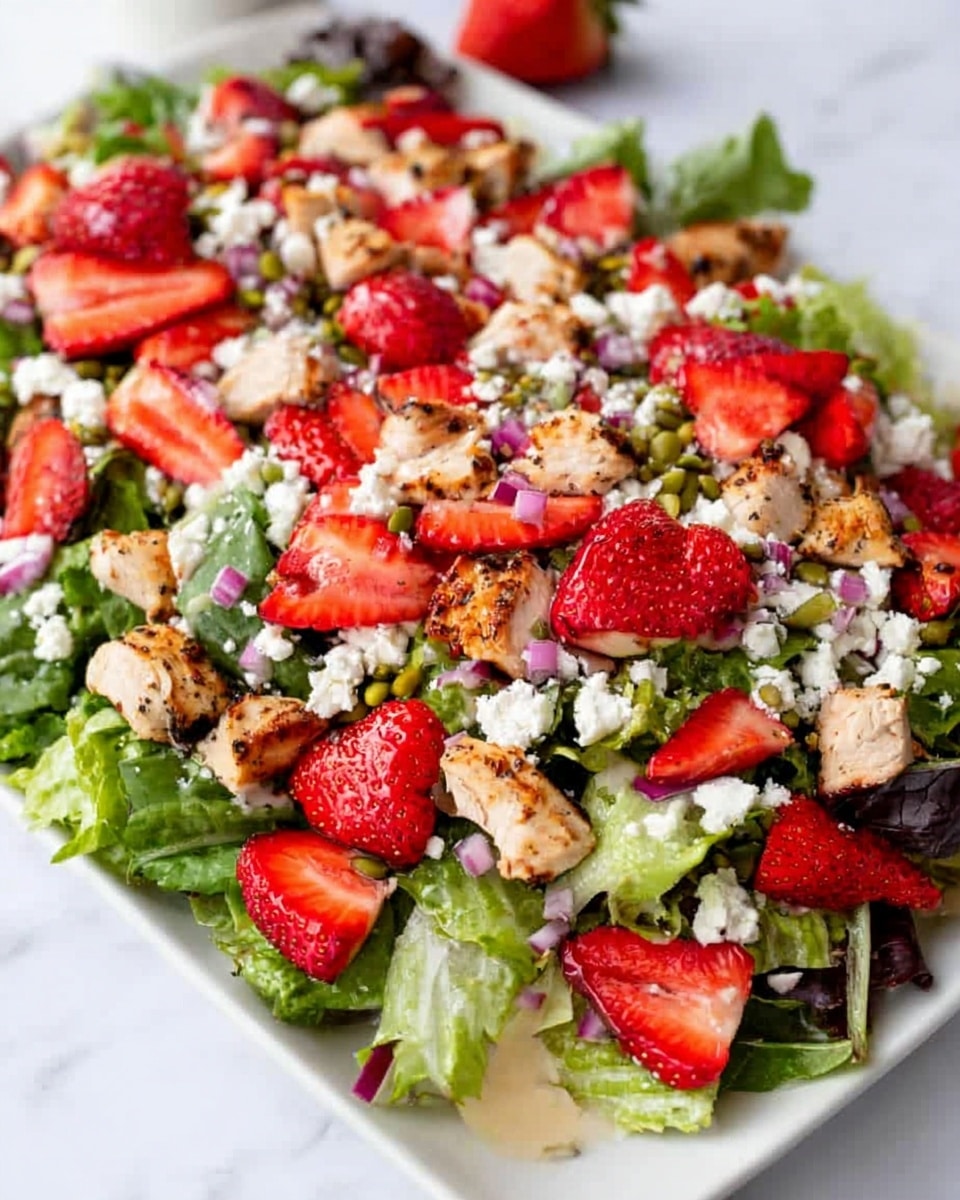 The dish is a fresh salad served on a white plate with a white marbled background. The bottom layer consists of leafy green lettuce with a mix of lighter and darker green shades, creating a base. On top of the greens, there are small white crumbled pieces of cheese spread evenly. Scattered across the salad are small chunks of light brown grilled chicken with a slight char on the edges, adding texture. Bright red, sliced strawberries with glossy surfaces are distributed evenly over the salad, adding vibrant color. Tiny pieces of purple onion and some green seeds are sprinkled throughout, providing extra detail and contrast. Photo taken with an iphone --ar 4:5 --v 7