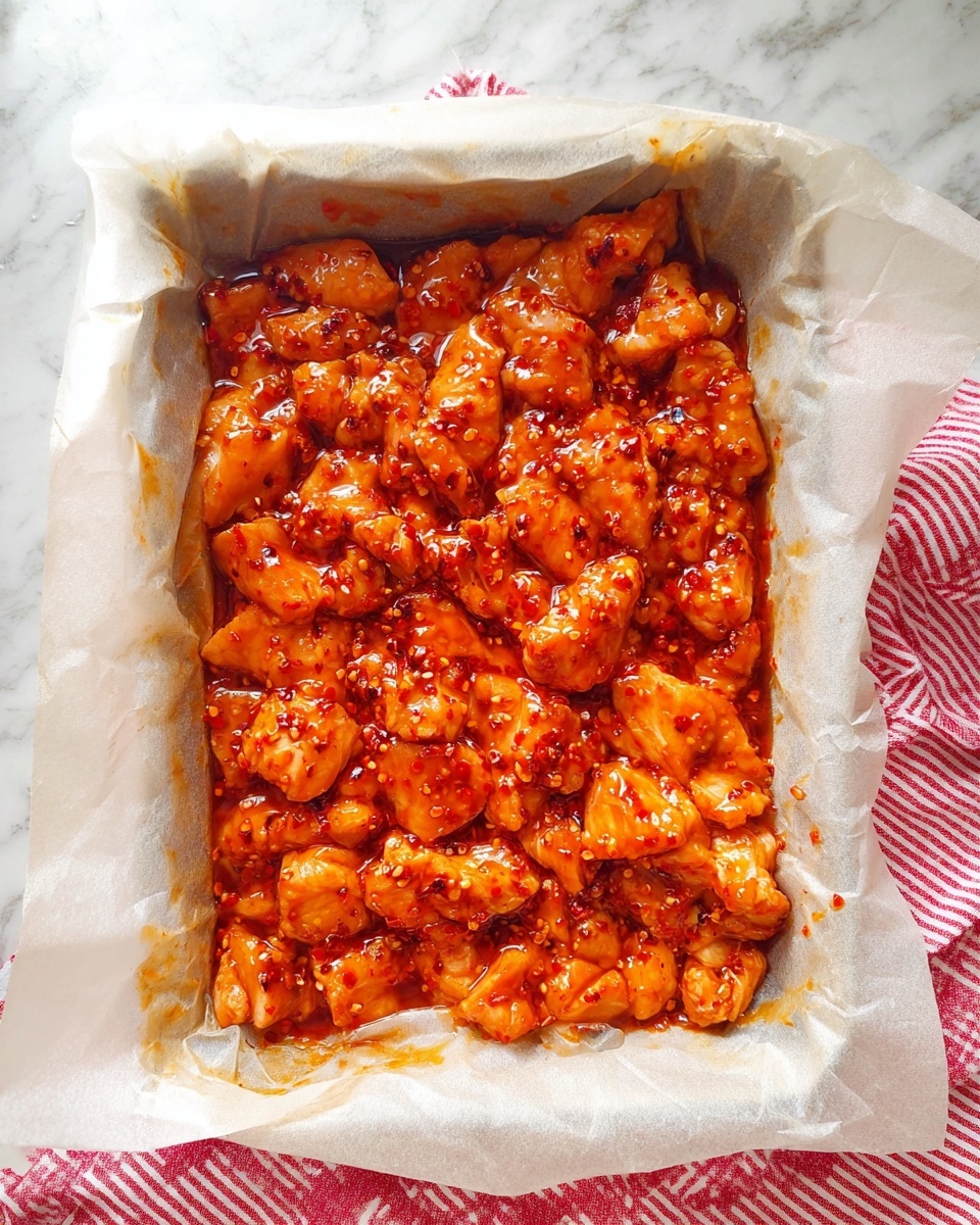 The image shows one layer of marinated chicken pieces placed closely together inside a baking tray lined with white parchment paper. The chicken pieces are covered in a shiny, reddish-orange sauce with visible small chili flakes and a slightly thick texture that gives a glossy, moist appearance. The tray edge has the parchment paper slightly crumpled upwards, and the whole setup rests on a white marbled surface with a red and white striped cloth partially visible underneath. Photo taken with an iphone --ar 4:5 --v 7