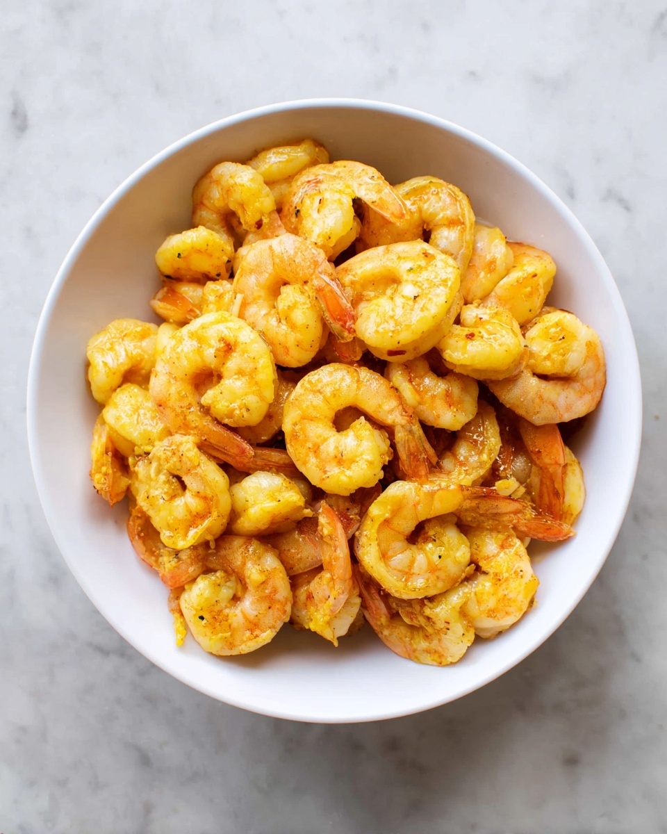 A white bowl filled with cooked shrimp piled inside, each shrimp showing a slightly curled shape with a yellow-orange hue and some subtle browning from cooking. The shrimp have a firm, slightly glossy texture, arranged close together covering the whole bowl. The bowl sits on a white marbled surface that contrasts with the warm colors of the shrimp. photo taken with an iphone --ar 4:5 --v 7