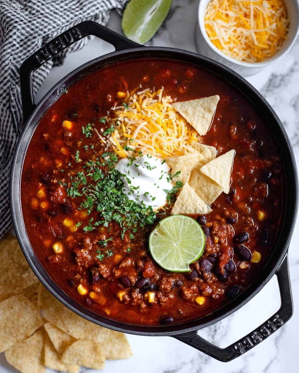 A black cast iron pot filled with dark red chili soup made with ground meat, black beans, corn, and tomato bits. On top, there is a small pile of shredded yellow cheese, chopped green herbs, a dollop of white sour cream, and three white tortilla chips. Two slices of fresh green lime partly rest in the soup near the sour cream. The pot is placed on a white marbled surface with some tortilla chips and a bowl with shredded cheese nearby. Photo taken with an iphone --ar 4:5 --v 7