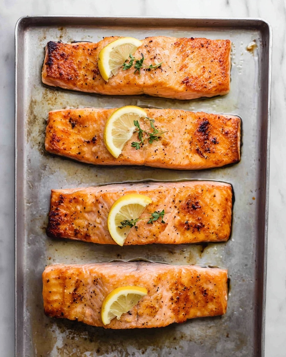 Four long cooked salmon fillets with a browned and slightly crispy texture on top are arranged in a single column on a metal tray. Each fillet has a light orange-pink color with specks of black seasoning scattered across its surface. On the center of three fillets, there is a thin slice of lemon with a small sprig of green herb placed on top. The metal tray shows some oil stains and a bit of charring around the edges. The whole scene is placed on a white marbled surface photo taken with an iphone --ar 4:5 --v 7