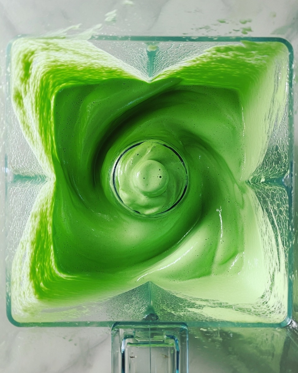This image shows a blender jar with bright green thick liquid inside. The liquid is swirling strongly around the center, forming a deep vortex with bubbles and foam visible on the surface. The blender jar is clear and square-shaped with four sides and a central blade visible through the liquid. The whirl creates smooth, curved lines and a dynamic sense of motion. The background is a white marbled surface. photo taken with an iphone --ar 4:5 --v 7