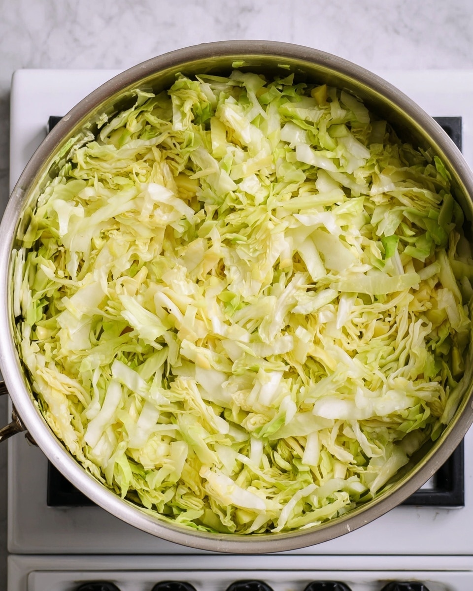 A large round silver pot filled with many thin layers of shredded cabbage, showing light green and pale yellow colors mixed together with a soft, leafy texture. The cabbage pieces are loosely spread throughout the pot, filling it fully and evenly. The pot is placed on top of a white stove with black details, all set against a smooth white marbled surface. photo taken with an iphone --ar 4:5 --v 7