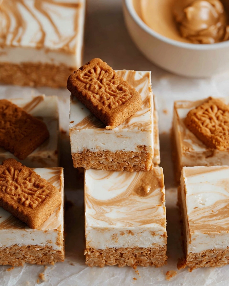 The image shows square dessert bars with three visible layers: a light beige crunchy base layer that looks like rice cereal or a crispy treat, a creamy white middle layer, and a marbled top layer swirled with light brown and white colors. Each bar is topped with a half or quarter piece of a brown spiced cookie embossed with a pattern, placed on the white marbled surface. On the top right corner, there is a white bowl filled with smooth light brown spread. Photo taken with an iphone --ar 4:5 --v 7