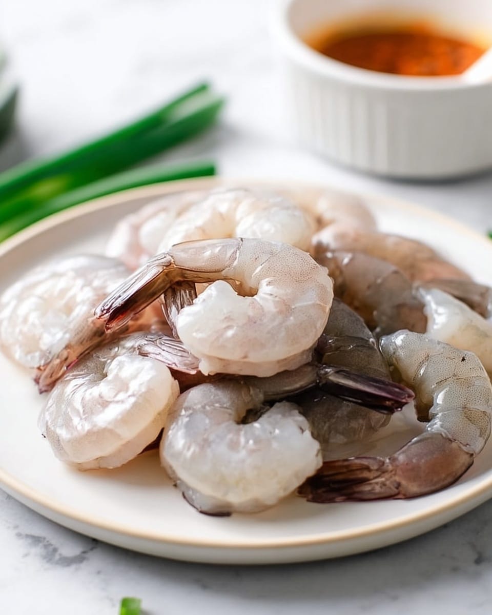 On a white plate filled with several raw shrimp arranged in a slightly piled manner, the shrimp showcase their translucent bodies with pale pink and grayish tones and darker gray to brown tails; the texture looks smooth and moist with a slightly shiny surface. The plate is set on a white marbled surface, with a few green scallions visible at the bottom left and a blurred white bowl with orange sauce in the background. photo taken with an iphone --ar 4:5 --v 7