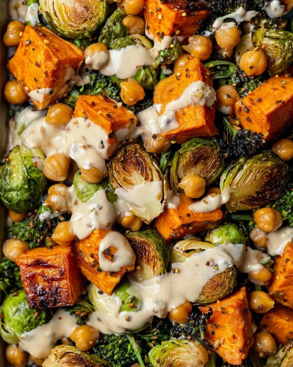 The image shows a close-up of a colorful dish with several layers. The bottom layer has small green broccolis and halved Brussels sprouts, with their leaves showing some dark roasted spots. On top of this, there are thick chunks of bright orange roasted sweet potatoes scattered across the dish. Mixed throughout are round, golden chickpeas adding a soft texture. Drizzled generously over all the vegetables is a creamy off-white sauce that contrasts with the vibrant colors beneath. The photo taken with an iphone --ar 4:5 --v 7