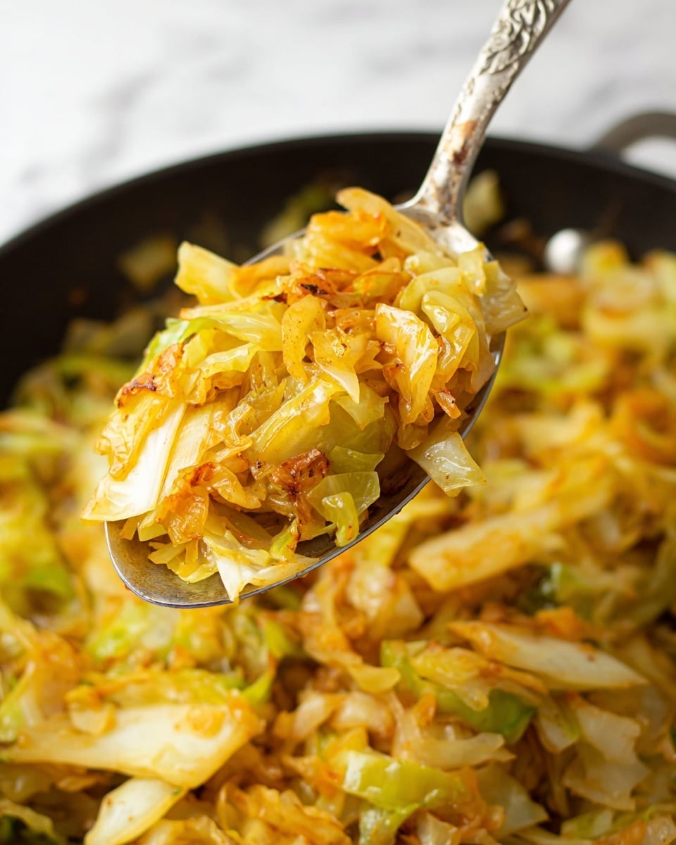 A close-up image shows a large silver spoon holding cooked cabbage pieces. The cabbage is cut into medium strips and chunks, with a warm mix of light yellow, golden-brown, and light green colors, showing some slightly browned edges and a soft texture. The spoon is lifted from a black pan filled with more of the cooked cabbage mix. The background has a white marbled texture. photo taken with an iphone --ar 4:5 --v 7