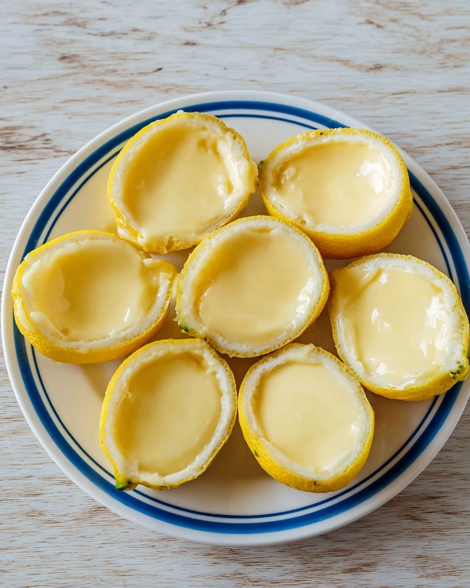A white plate with two thin blue rings near the edge holds eight lemon halves filled with smooth, creamy light yellow lemon custard. The custard fills each hollow lemon shell evenly, with a glossy, slightly shiny texture on top. The lemon shells are bright yellow with a slightly rough texture on the edges and a few small green spots. The plate sits on a white marbled surface. photo taken with an iphone --ar 4:5 --v 7
