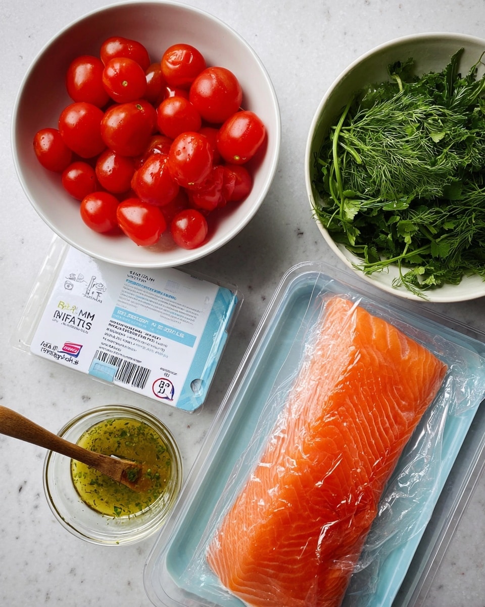 The image shows four main items arranged on a white marbled surface: a vacuum-packed salmon fillet with an orange-pink color and visible texture lines inside a clear plastic and light blue tray; a white bowl filled with bright red cherry tomatoes cut in half, filling the bowl fully; a small clear glass container holding a greenish-yellow sauce with a slightly chunky texture and a wooden-handled spoon inside; and a white bowl filled with fresh green herbs, including dill and parsley, with fine leafy texture. photo taken with an iphone --ar 4:5 --v 7