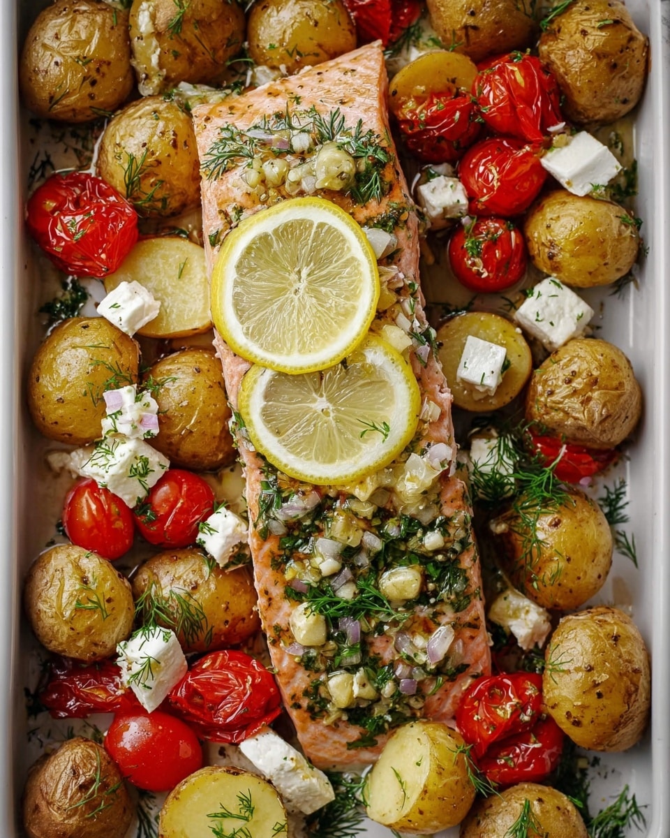 The image shows a white tray filled with a cooked salmon fillet topped with a fresh lemon slice and a light herb sauce with visible garlic pieces on the pink fish. Around the salmon are golden grilled small potato halves with a slightly crispy edge, bright red cherry tomato halves, and white feta cheese cubes scattered. Fresh green herbs like dill and parsley are sprinkled across the dish, adding a fresh color contrast. The background is a white marbled texture photo taken with an iphone --ar 4:5 --v 7