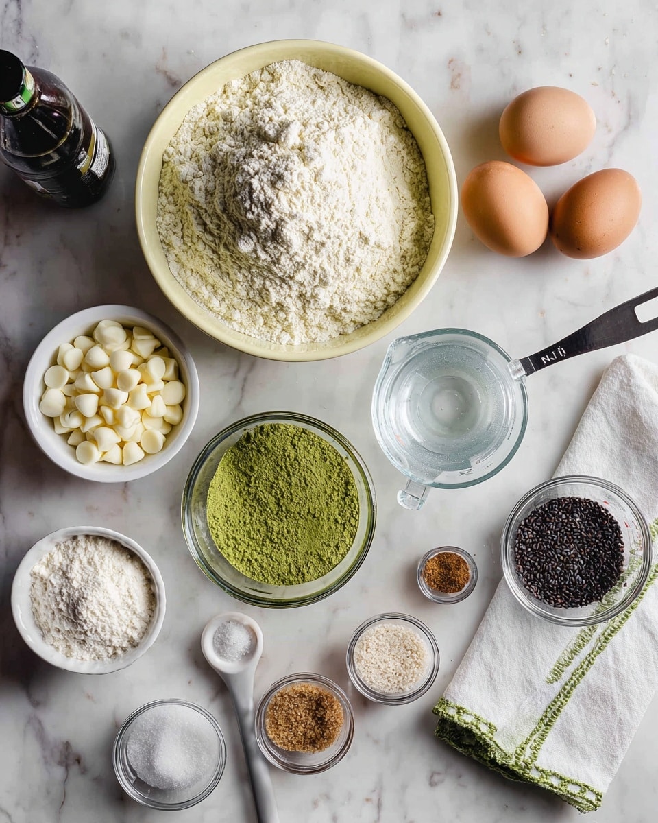 The image shows various baking ingredients arranged neatly on a white marbled surface. In the top center, a large pale yellow bowl holds a heap of flour with a slightly rough texture. Below and to the left, a white bowl filled with white chocolate chips sits next to a small clear glass bowl with bright green matcha powder. Two brown eggs are placed next to a folded white cloth with green stitching on the right side. A clear glass measuring cup with clear liquid is in the center right, surrounded by small containers and measuring spoons filled with brown sugar, white sugar, salt, black sesame seeds, and baking powder, all neatly spread around. At the bottom left, a dark bottle of vanilla extract is partially visible. Photo taken with an iphone --ar 4:5 --v 7
