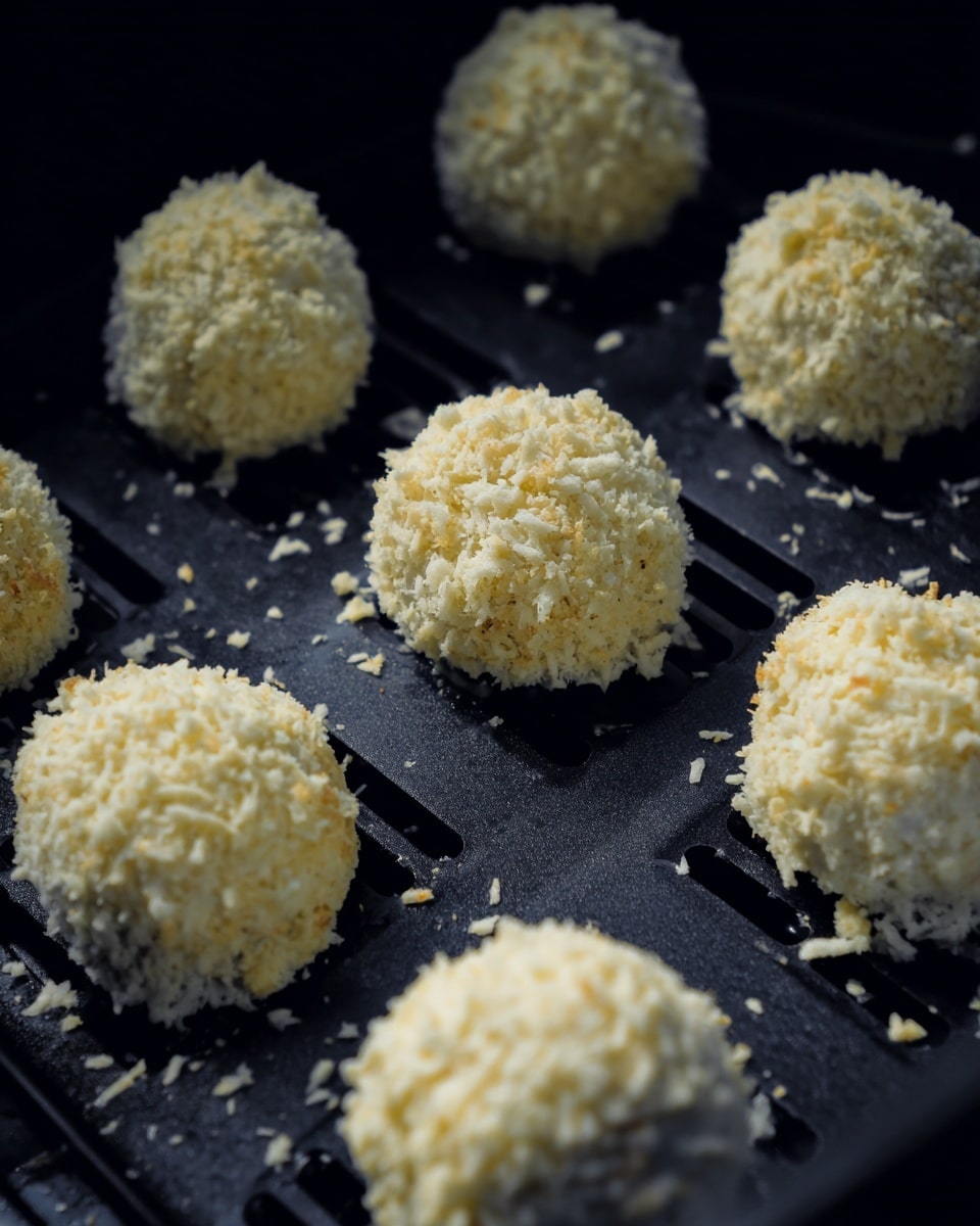 The image shows eleven small, round balls coated with uneven white and light yellow crumbs, arranged spaced apart on a dark cooking tray with a patterned surface. Each ball looks soft and crumbly, with a rough texture from the coating, and they vary slightly in size and shape. The dark tray has visible square and rectangular holes and slots, with shadows giving depth to the scene. The background is dark, making the crumb-coated balls stand out clearly. photo taken with an iphone --ar 4:5 --v 7