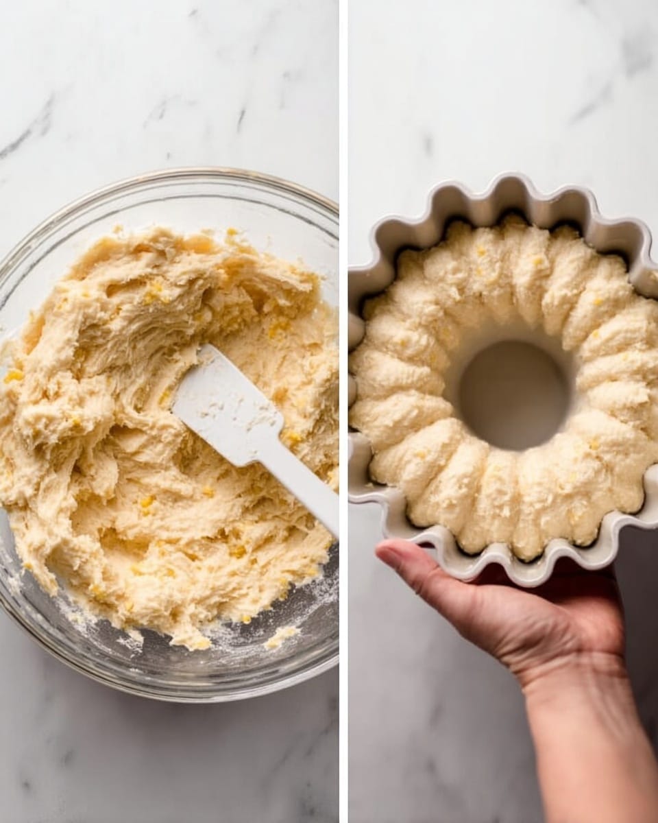 The image shows two side-by-side photos. On the left, there is a clear glass bowl filled with thick, pale yellow dough mixed with small bits of a lighter color, and a white spatula inserted in the mixture. The texture looks creamy and slightly chunky. On the right, a woman's hand is holding a white Bundt cake pan filled with the same pale yellow dough spread evenly inside it, showing the pan's ring shape with scalloped edges. Both photos are set against a white marbled background. photo taken with an iphone --ar 4:5 --v 7