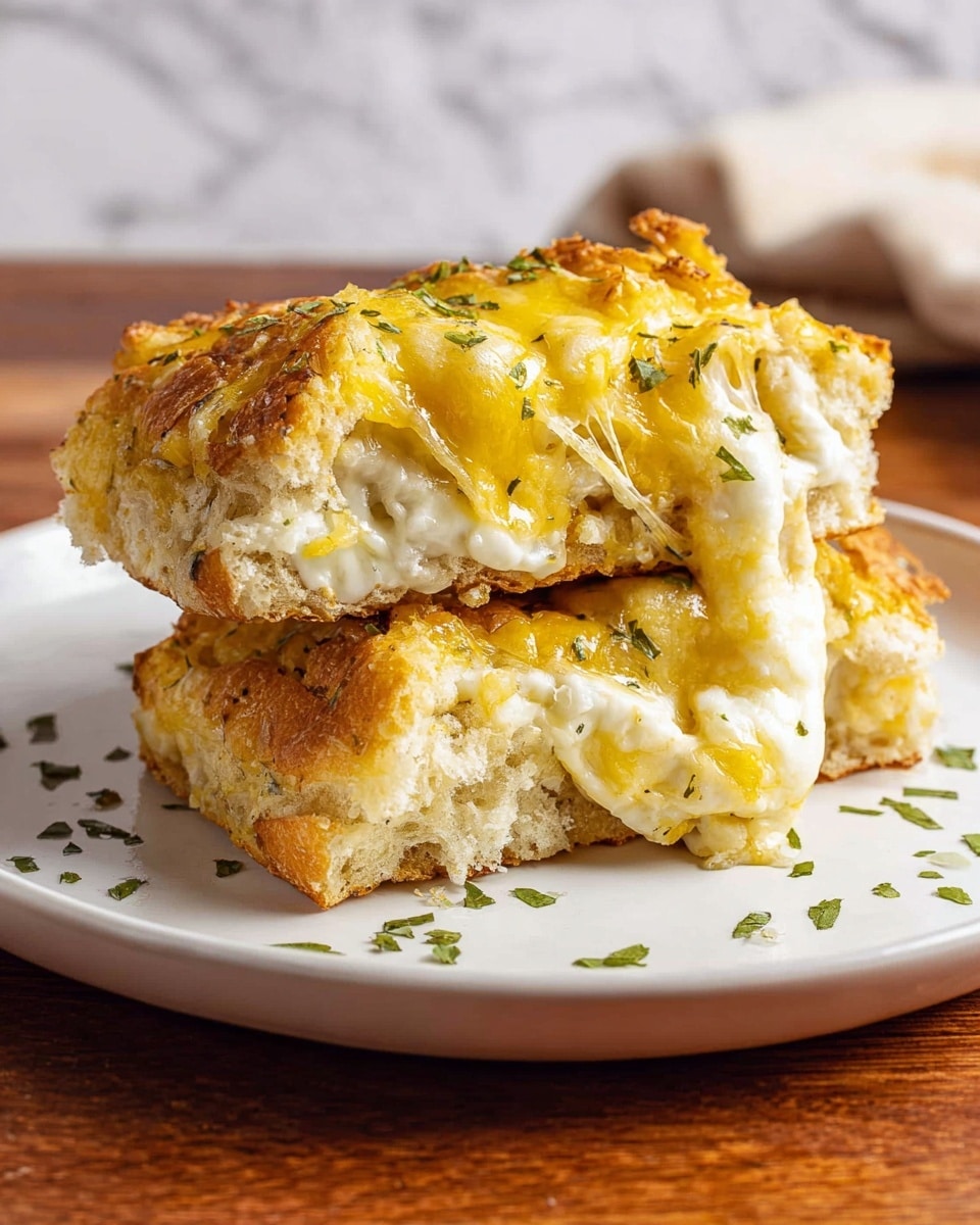 The image shows two pieces of cheesy bread stacked on a white plate placed on a wooden surface with a white marbled texture background. The bread has a rough, airy texture and is topped with melted yellow and white cheese that looks soft and stretchy. There are small green herb sprinkles on the cheese and around the plate, adding a fresh touch. The top piece is slightly tilted, revealing the pulled-apart melted cheese between the layers. The lighting highlights the golden-brown edges of the bread and the shiny cheese on top. photo taken with an iphone --ar 4:5 --v 7
