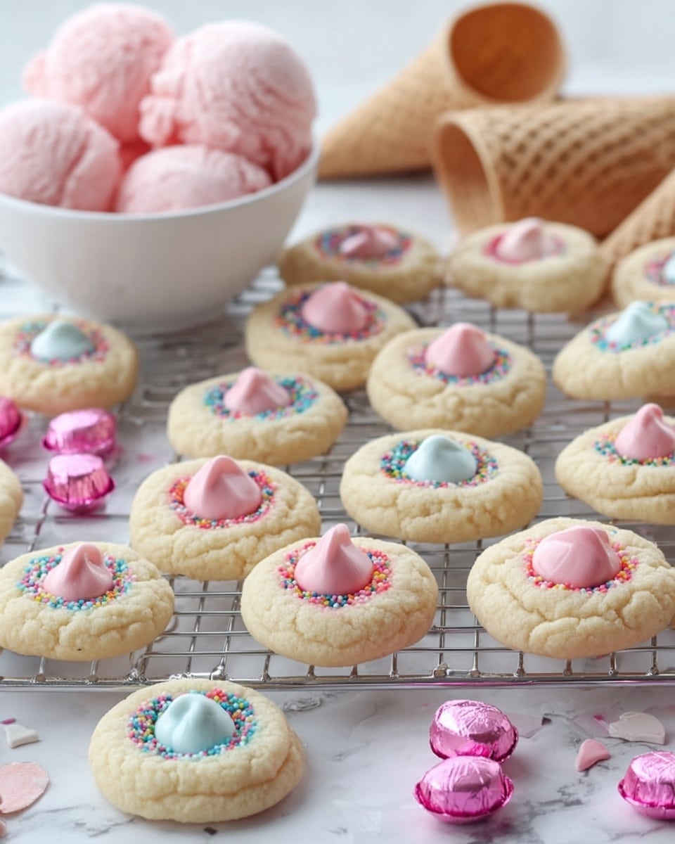 The image shows many small round cookies spread on a white marbled surface and a cooling rack. The cookies have a pale, soft beige color and each one has a dollop of smooth pink chocolate in the middle shaped like a kiss. Some cookies are plain while others have colorful round sprinkles in pastel shades of blue, yellow, and pink around the edges. Around the cookies, there are several shiny pink foil-wrapped candy kisses scattered. A white bowl filled with scoops of light pink ice cream rests in the background. Near the cookies, there are two empty white waffle cones lying on their side. The whole setting is bright and airy. Photo taken with an iphone --ar 4:5 --v 7