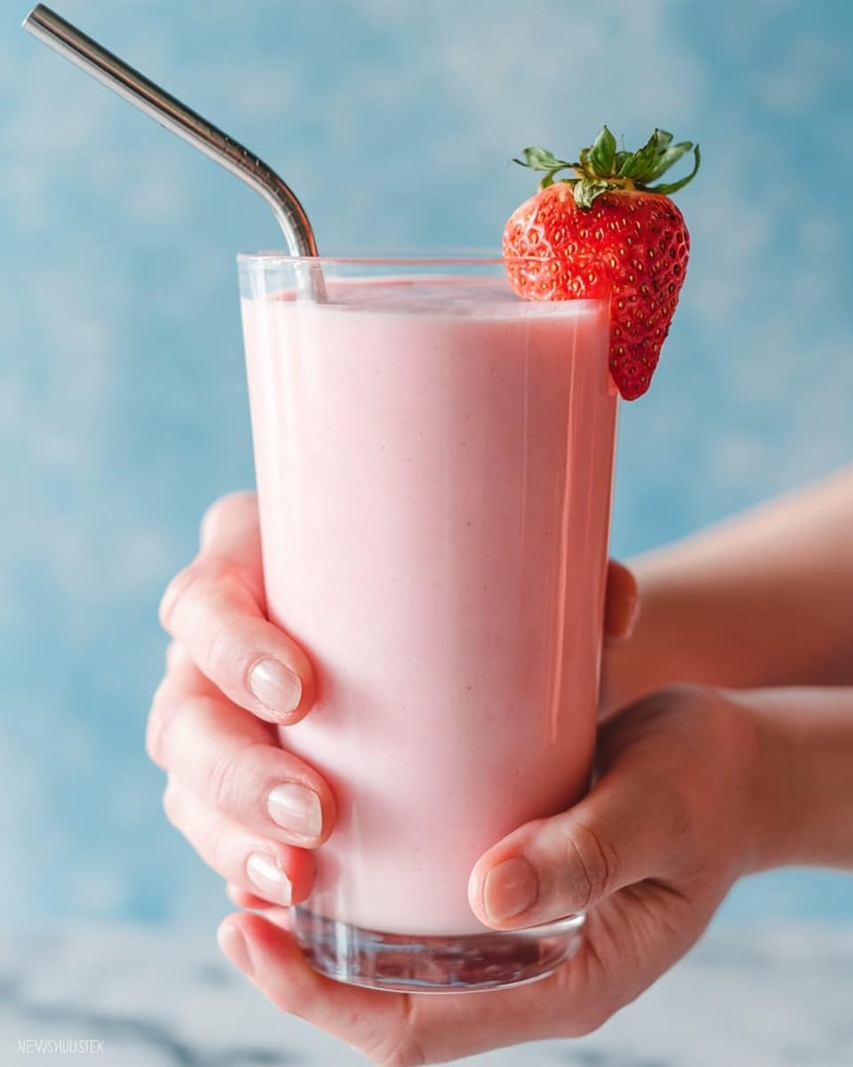A tall clear glass filled with a smooth, light pink strawberry smoothie. The smoothie has a creamy texture and fills the glass to the top. A metal straw is placed inside the glass on the right side. A sliced strawberry with green leaves is placed on the rim of the glass. The glass is held by two woman's hands from the sides, showing natural skin tones. The background has a soft blue color, and the surface is a white marbled texture. photo taken with an iphone --ar 4:5 --v 7