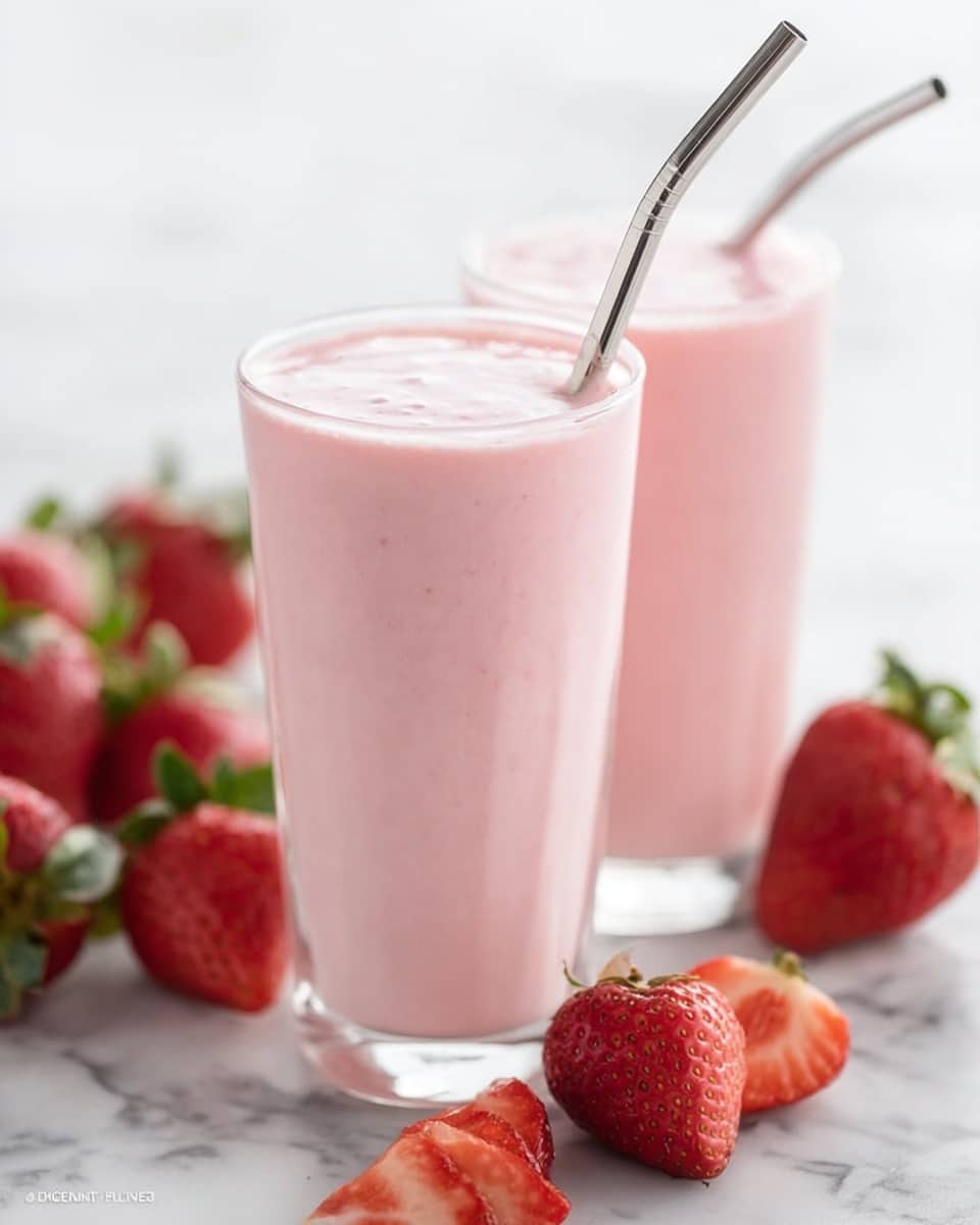 The image shows two tall clear glasses filled with light pink strawberry milkshake. Each glass has a silver metal straw angled slightly outward from the top. The milkshake is smooth with tiny bits of strawberry inside, and it fills the glasses to the brim. Around the glasses, there are fresh whole and sliced strawberries scattered on a white marbled surface, adding a bright red color contrast to the scene. The background is softly blurred, emphasizing the glasses of milkshake in the front. photo taken with an iphone --ar 4:5 --v 7