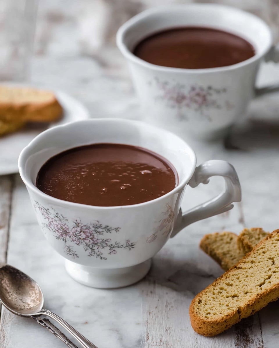 A close-up of a white cup with floral details filled with thick, smooth dark chocolate liquid nearly to the rim, placed on a white marbled textured surface. In the background, another cup with the same dark liquid is partially visible, along with two brown biscotti positioned diagonally behind the front cup. To the right of the cup, a small ornate silver spoon lies on the surface. The overall color contrast highlights the rich dark chocolate against the bright white cup and marbled background photo taken with an iphone --ar 4:5 --v 7