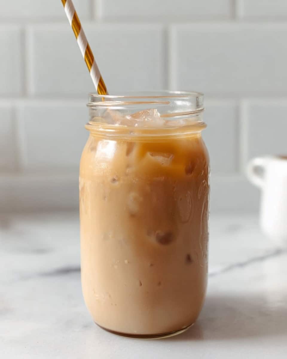 A clear glass jar filled with light tan iced milk tea, with ice cubes floating near the top layer that looks gelatinous and smooth, showing small bubbles and a creamy texture inside. A white and gold striped straw is placed inside the jar, leaning slightly to the left. The jar sits on a white marbled surface with a blurred white brick wall background. The photo taken with an iphone --ar 4:5 --v 7