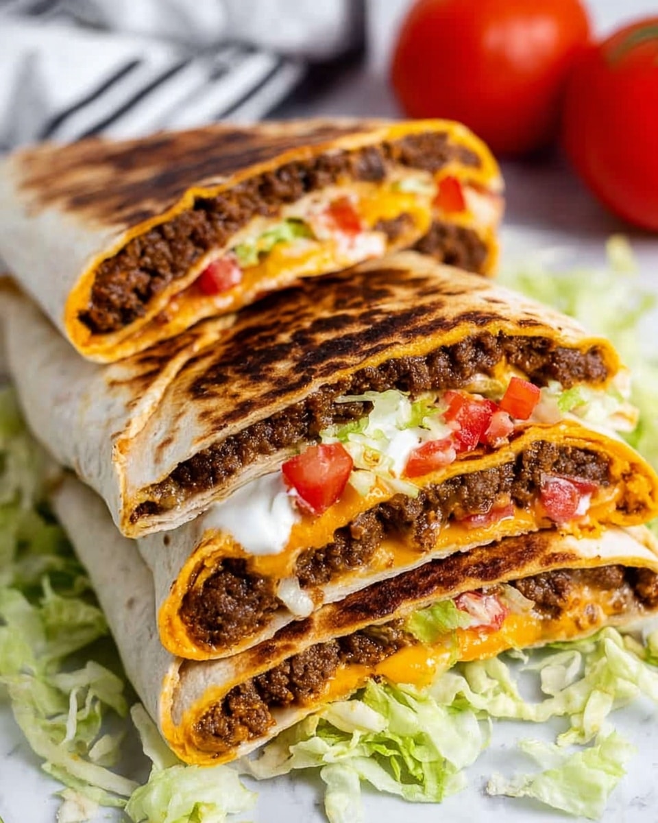 The image shows a close-up of four halves of a toasted wrap filled with multiple layers. The wrap is golden brown with some darker toasted spots on the outside. Inside, the top layer is a crumbly, dark brown cooked meat layer. Below the meat, there is a melted bright orange cheese layer. Under the cheese, there is a creamy white sauce or sour cream, mixed with small bright red chopped tomatoes. The lowest visible layer is light green shredded lettuce. The wraps rest on a bed of shredded lettuce, placed on a white marbled surface. In the background, there are two red tomatoes and a white cloth with dark stripes. The photo taken with an iphone --ar 4:5 --v 7