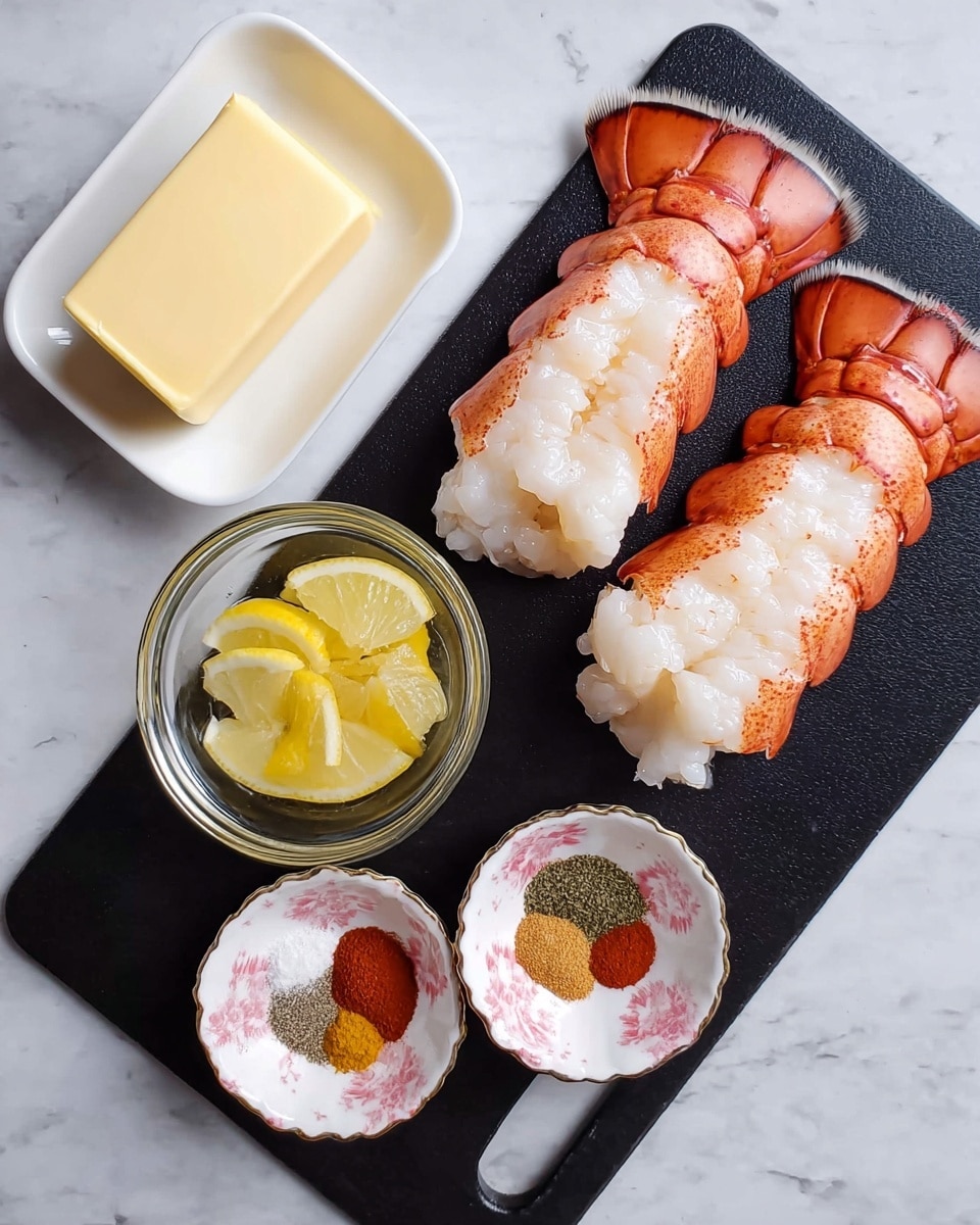 Two raw lobster tails with white and light pink flesh sit on a black cutting board on the left side. Above them, a white dish holds a square piece of pale yellow butter. Below the lobster tails, a small clear bowl contains several yellow lemon slices. Next to the lemon bowl, a small white bowl with pink floral patterns holds four small piles of spices in red, orange, beige, and green colors. The cutting board is set against a white marbled surface. Photo taken with an iphone --ar 4:5 --v 7